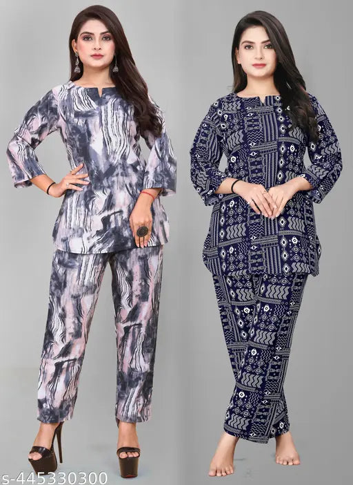 Rayon printed night suit for women, three-quarter sleeves pyjamas, made in India