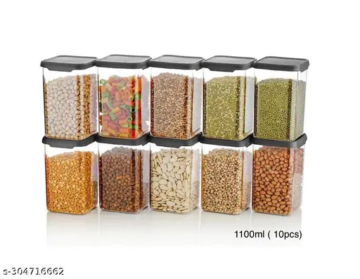 Black plastic dry fruit jars, airtight set of 10 for kitchen storage (1100ml each)