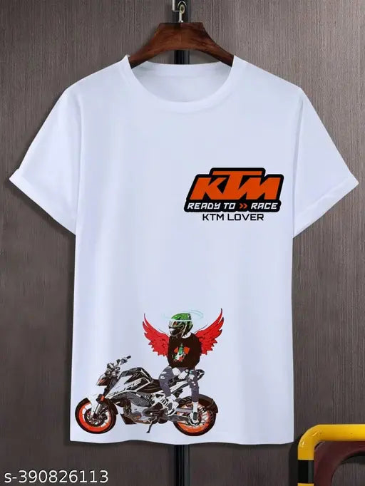 Orange KTM bike lover men's polyester t-shirt, short sleeves, printed design in 140 GSM medium thickness fabric. Good for all seasons