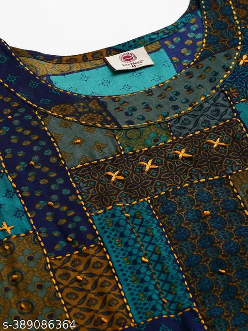 Multicolor printed viscose rayon flared kurta with three-quarter sleeves, popular Indian women's fashion on mannequin