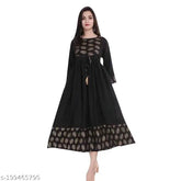 Black gold print rayon long kurti, three-quarter sleeve Indian fashion, printed combo on model