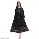 Black gold print rayon long kurti, three-quarter sleeve Indian fashion, printed combo on model