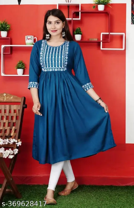 Rayon embroidered Anarkali kurti, single-tone Indian fashion with three-quarter sleeves, on mannequin