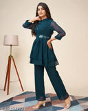 Trendy Georgette short Kurta & Palazzos set, solid pattern, long sleeves, women's ethnic wear, India-made fashion