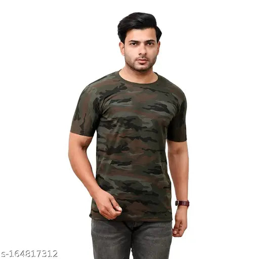 Camouflage cotton half-sleeve t-shirt, army green print, men's size M (38in chest, 26.5in length)