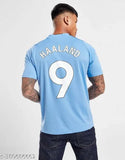 Manchester City Haaland 9 jersey, blue polyester football t-shirt with printed sleeves and hidden logo. XS (chest size 18 in, length size 26 in). Made in India