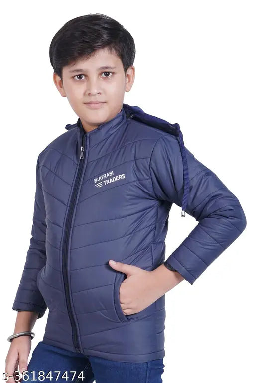 Blue faux leather kids' winter jacket with long sleeves, durable design for active play and rain protection