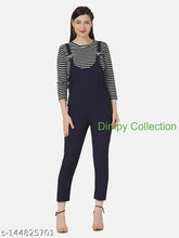 Navy twill dungaree dress with striped top, adjustable straps, side pockets, and button closure. Women's size S to XL, ideal for casual days or college wear