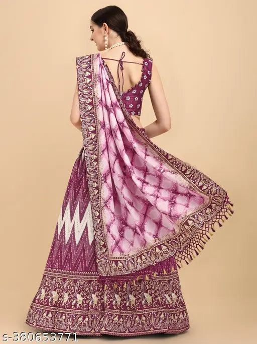 Purple satin digital print crush designer lehenga choli with floral top and chevron dupatta, free size