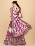 Purple satin digital print crush designer lehenga choli with floral top and chevron dupatta, free size