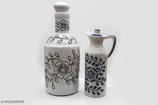 Handmade ceramic oil dispenser (1000ml/300ml), stylish kitchen accessory with lid, ideal for oil storage and easy pouring. Indian handicraft by Kraftlik