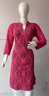 Woolen printed kurti, warm and fancy three-quarter sleeve women's top from India