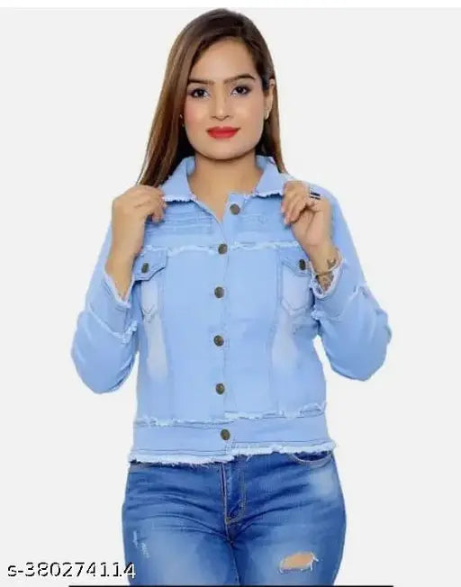 Denim jacket for girls, cool rough look with colorblocked pattern. Long sleeves, suitable for casual wear, size fits 26-30 bust and waist (India origin)