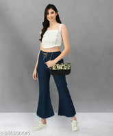 Stretchable denim dark blue flared jogger jeans (high waisted), 100% Indian-made denim with tie-ups, available in sizes 32-46