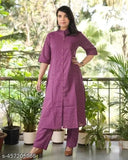 Printed cotton women's kurta set with matching pants, three-quarter sleeves, versatile sizes S-XXL. Indian-made fashionable attire for diverse body types
