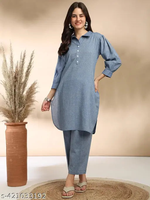 MOKOSH Women's Blue & Pink 3/4 Sleeve Solid Kurta Set with Pant Coords (Cotton), modern silhouette and balloon sleeves for versatile style