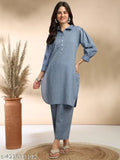 MOKOSH Women's Blue & Pink 3/4 Sleeve Solid Kurta Set with Pant Coords (Cotton), modern silhouette and balloon sleeves for versatile style