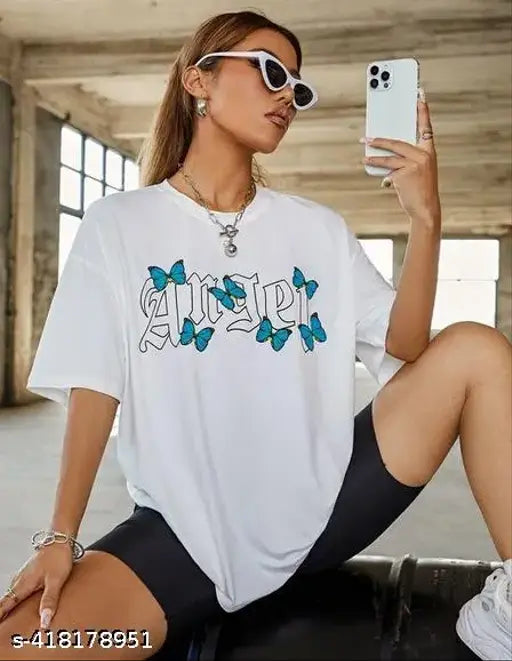 Cotton blend oversized round neck funky drop shoulder t-shirt for women (India), printed net pattern half sleeve loose fit in M, L, XL, XXL