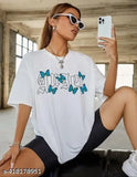 Cotton blend oversized round neck funky drop shoulder t-shirt for women (India), printed net pattern half sleeve loose fit in M, L, XL, XXL