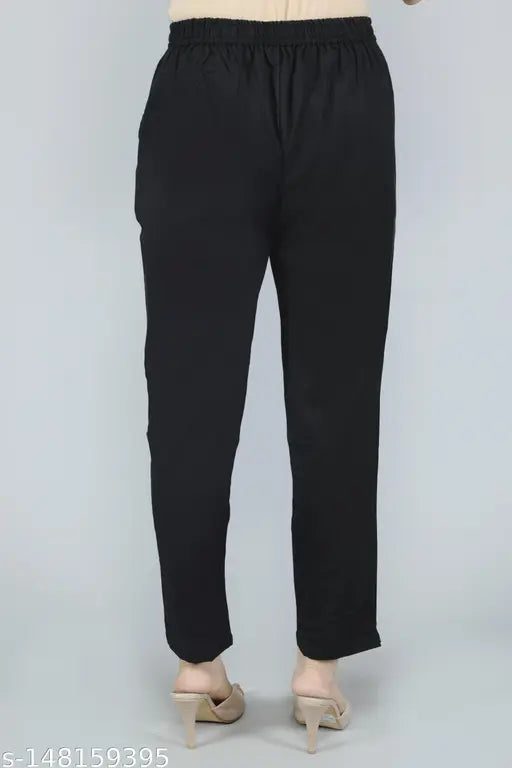 Cotton women's black pant, 100% pure cotton, ankle length with pleats, pockets on both sides, perfect for any occasion
