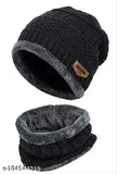 Black wool beanie hat, thick fleece-lined for winter protection, unisex style