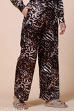 Glen Rose women's satin leopard cord set, 2-piece top and bottom for women, long sleeve tops and high-waisted pants with leopard print fabric