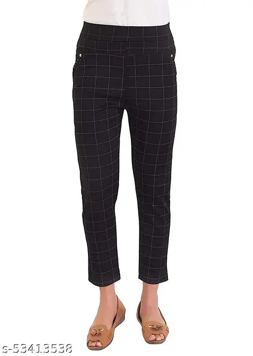 Cotton blend checked jeggings for women, flattering slim fit with elasticated waistband. Perfect for casual wear and lounging