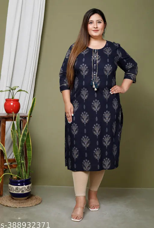 Blue plus size cotton straight kurta with floral print, three-quarter sleeves for women, India origin