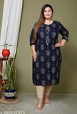 Blue plus size cotton straight kurta with floral print, three-quarter sleeves for women, India origin