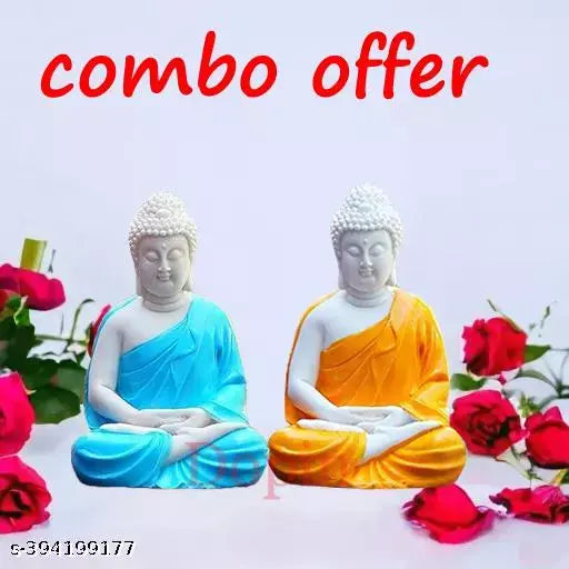 Handcrafted PolyResin Meditation Buddha statue combo pack (Orange & Blue, 5.5-inch each), exquisite Indian religious idols for table art