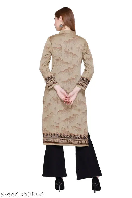 Women's winter wear jacquard woolen kurti, three-quarter sleeve, printed combo, straight cut, mandarin collar V-neck, calf length, two side pockets, jacquard knitting, size L (bust 40in, length 45in), country of origin: India