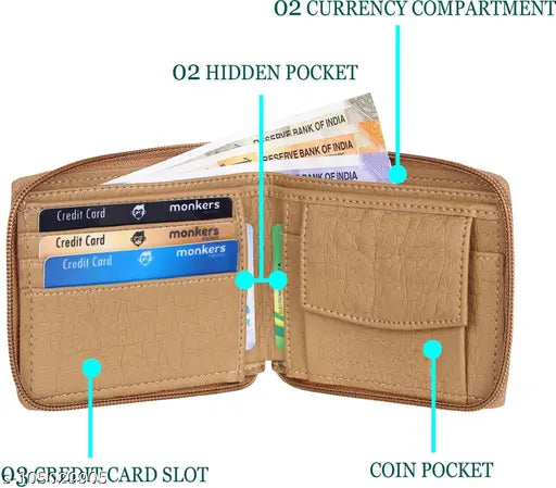 Brown PU leather men's wallet, classic design with 2 compartments and slip pocket
