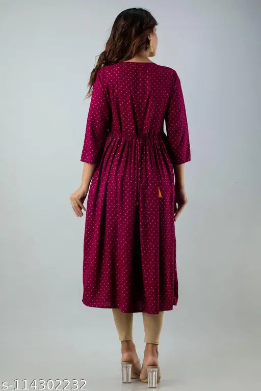 Rayon embroidered Anarkali kurta, printed pattern on three-quarter sleeves, women's partywear from India