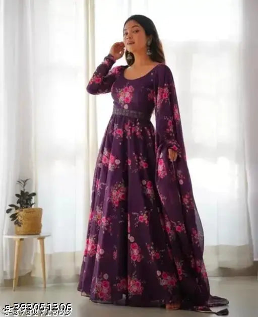 Georgette flower print maxi gown with dupatta and belt, no bottomwear - Indian fashion for women