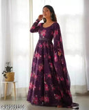 Georgette flower print maxi gown with dupatta and belt, no bottomwear - Indian fashion for women