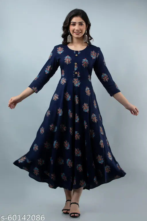 Navy blue rayon flared Anarkali Kurta, printed combo for party wear, three-quarter sleeves