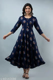 Navy blue rayon flared Anarkali Kurta, printed combo for party wear, three-quarter sleeves