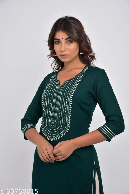 Green embroidered plus size kurta made from rayon fabric, perfect for XL to 6XL women