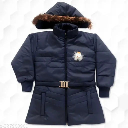 Navy Blue Nylon Girls Jacket Pack of 1 - Solid style for kids' winter wear