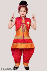 Silk blend short sleeve self-design net kurti for girls aged 2-13, India origin