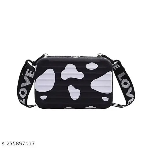 Navy blue PU suitcase sling bag for girls, cow print design, 2 compartments