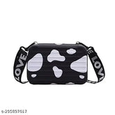 Navy blue PU suitcase sling bag, 2 compartments, self-design net pattern, free size. Cow print, perfect for girls on the go