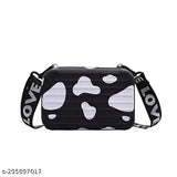 Navy blue PU suitcase sling bag for girls, cow print design, 2 compartments