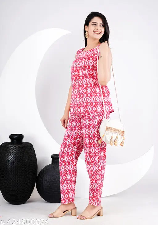 Jaipuri printed cotton peplum top & pants set for women: vibrant, refined, western-style nightwear