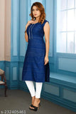 Navy Blue Single Kurta for Women Rayon Slub Sleeve, Zari Embroidered Floral Printed A-Line Western Front Slit Kurta