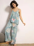 Women's viscose rayon leaves print sling wide leg pajama set with 3 pieces - cozy home loungewear