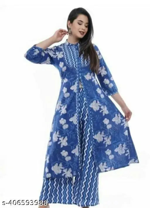 Rayon indigo kurta plazo set for girls and women, three-quarter sleeves, printed net pattern, pack of 2 in sizes M, L, XL, XXL from India