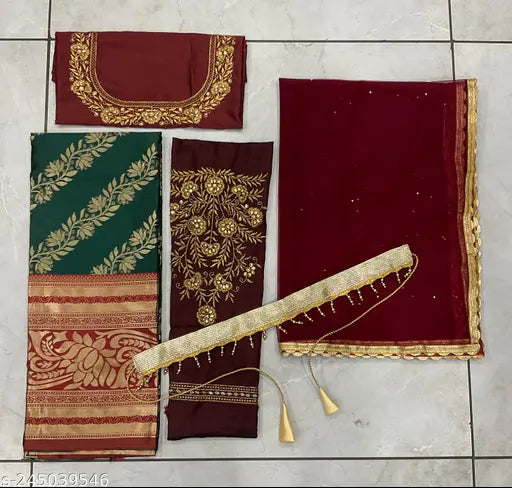 Embroidered Art Silk South Half Saree set with unstitched lehenga (3.0m), blouse (0.8m), net dupatta, and belt. Indian-made, ready to ship