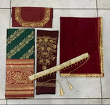 Embroidered Art Silk South Half Saree set with unstitched lehenga (3.0m), blouse (0.8m), net dupatta, and belt. Indian-made, ready to ship