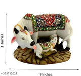 Marble Kamdhenu cow & calf idol with decorative diamond, Indian handcrafted spiritual figurine for home decor